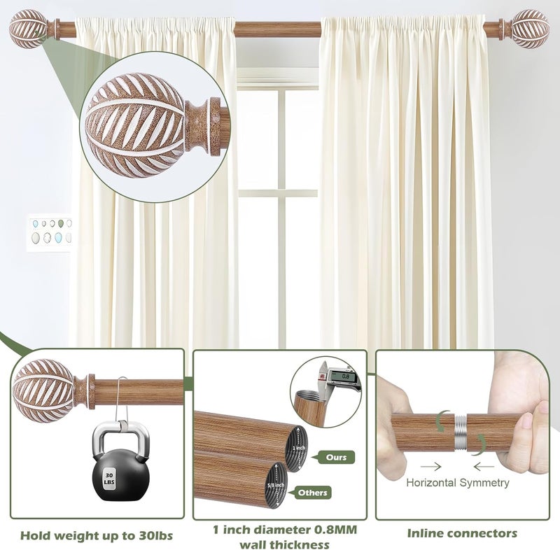 HTZON Wood Boho Curtain Rods for Windows:Wooden Farmhouse Decorative Curtain Rod for Bedroom Living Room,Heavy Duty Adjustable Rustic Bamboo Drapery Rods with Imitation Wood Grain Finials,Brown 36-72" - Image 2